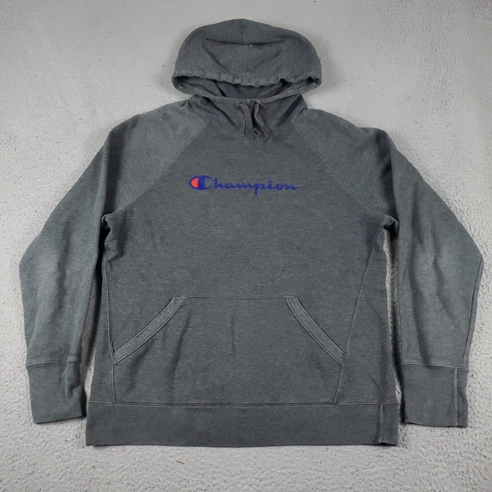 Champion Mens Large Gray Pullover Hoodie Sweatshirt Script Logo Raglan L